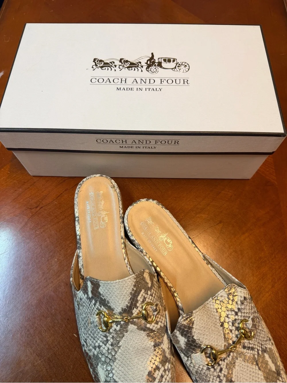 Coach Snake-Print Gold Bit Slip-On Mules in Beige and Taupe